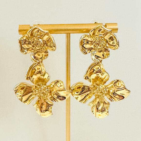 Gold Flower Drop Earrings - Picture 1 of 2
